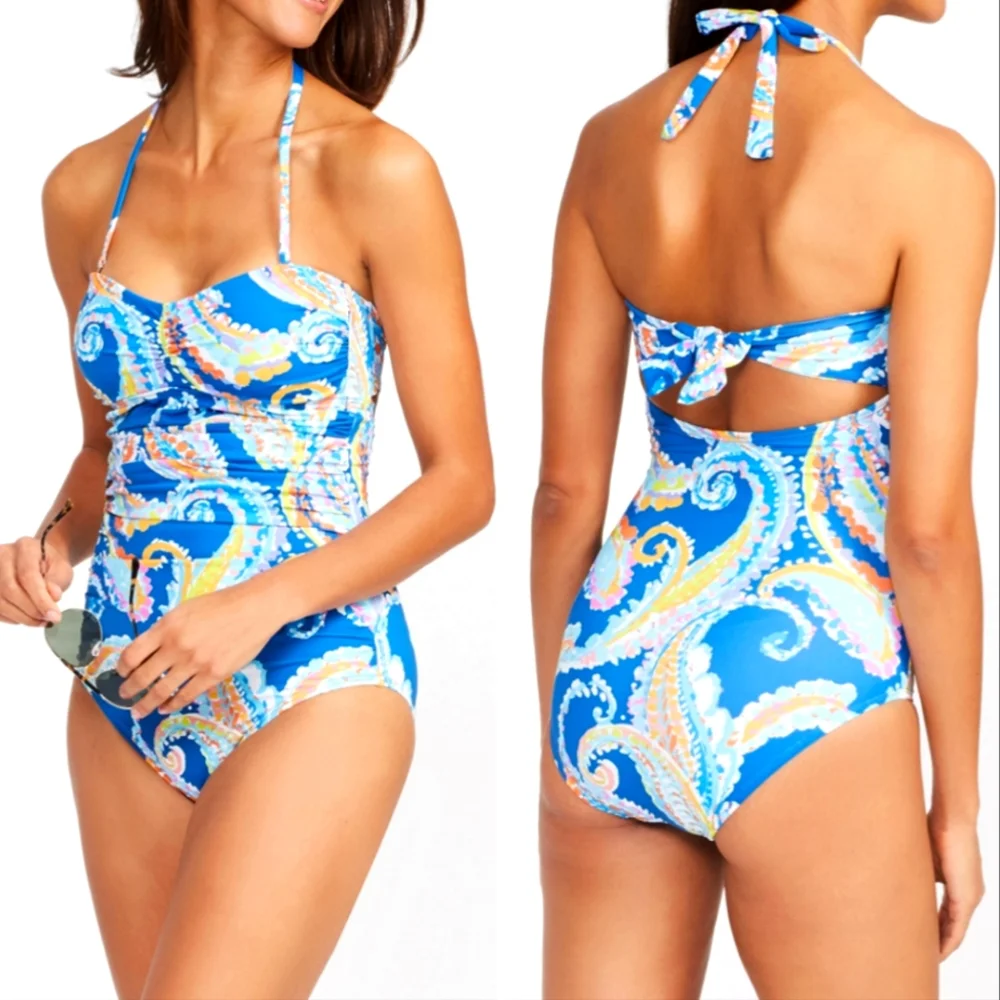 J McLAUGHLIN Blue Watercolor Paisley Koa One-Piece - NWT - Picture 1 of 8